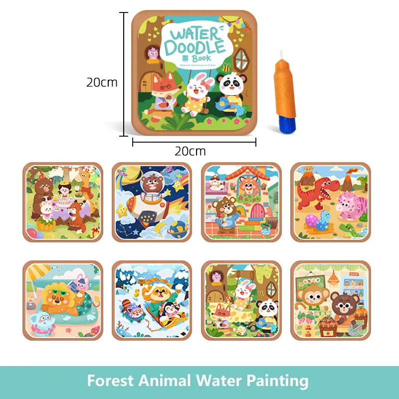 A set of forest animal watercolor painting pages and an orange paint brush for a reusable water drawing book.