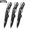 A set of three black stainless steel folding knives with compact designs.