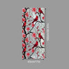 A vertical sheet of floral stained glass window film featuring red birds and pink flowers on a gray background.