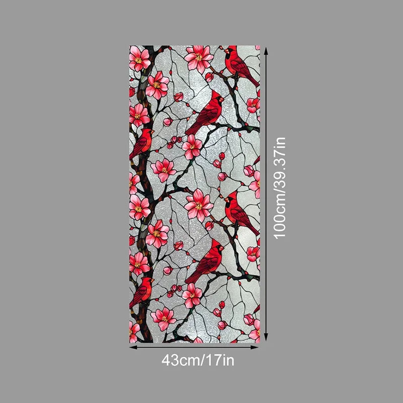 A vertical sheet of floral stained glass window film featuring red birds and pink flowers on a gray background.