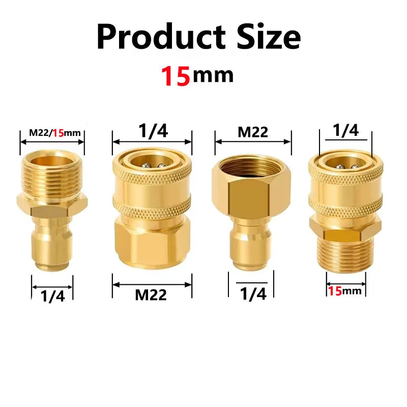 Brass pressure washer adapter kit showing M22 to 1/4 and M22 to 1/4 fittings with a 15mm dimension marker.