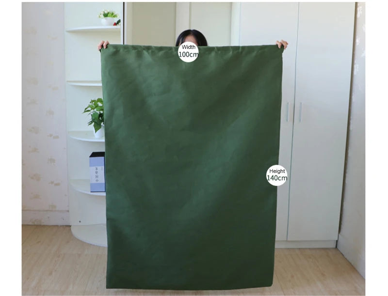 A dark olive green heavy-duty canvas laundry bag is displayed, showing its dimensions and texture.