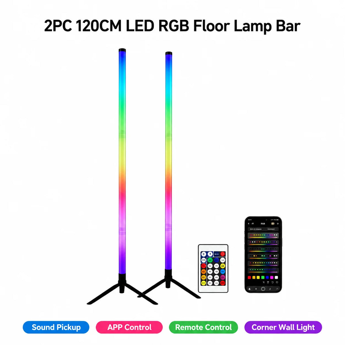 Two 120cm LED RGB floor lamp bars shown next to a smartphone and remote control.