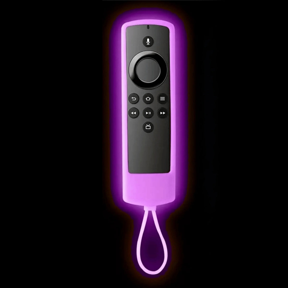 A black remote control with a purple glow and a silicone cord attached.