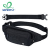 Black water-resistant nylon fanny pack with an adjustable strap shown in various forms.
