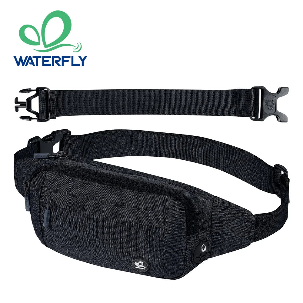Black water-resistant nylon fanny pack with an adjustable strap shown in various forms.