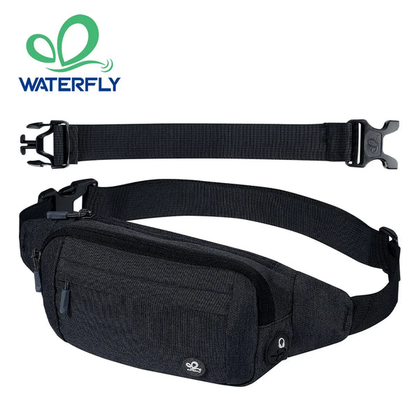 Black water-resistant nylon fanny pack with an adjustable strap shown in various forms.