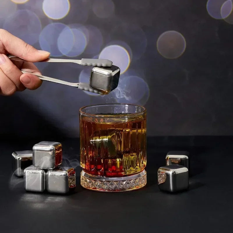 Reusable Stainless Steel Whiskey Stones with Tongs