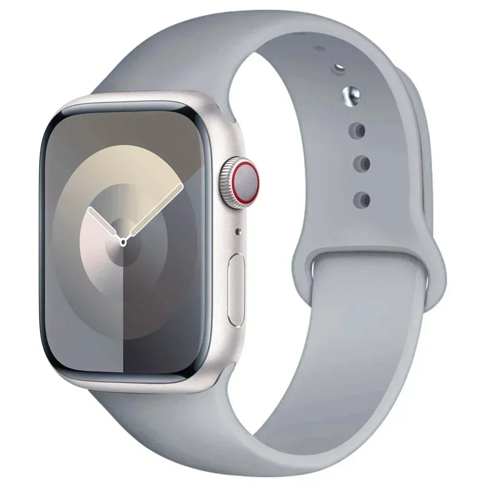 A silver silicone sport band for an Apple Watch shown on a white background.