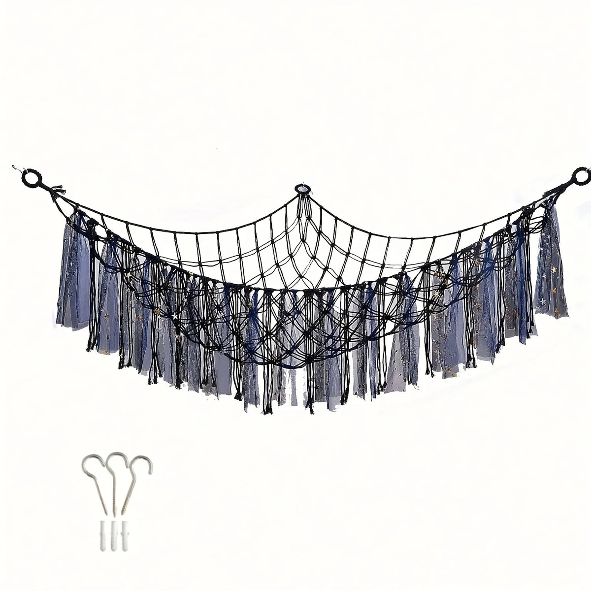 Bohemian handwoven corner toy storage net with blue and gray tassels hanging decoration