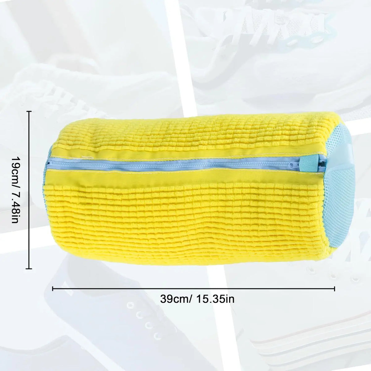 Yellow and light blue durable shoe washing bag with a self-locking zipper.