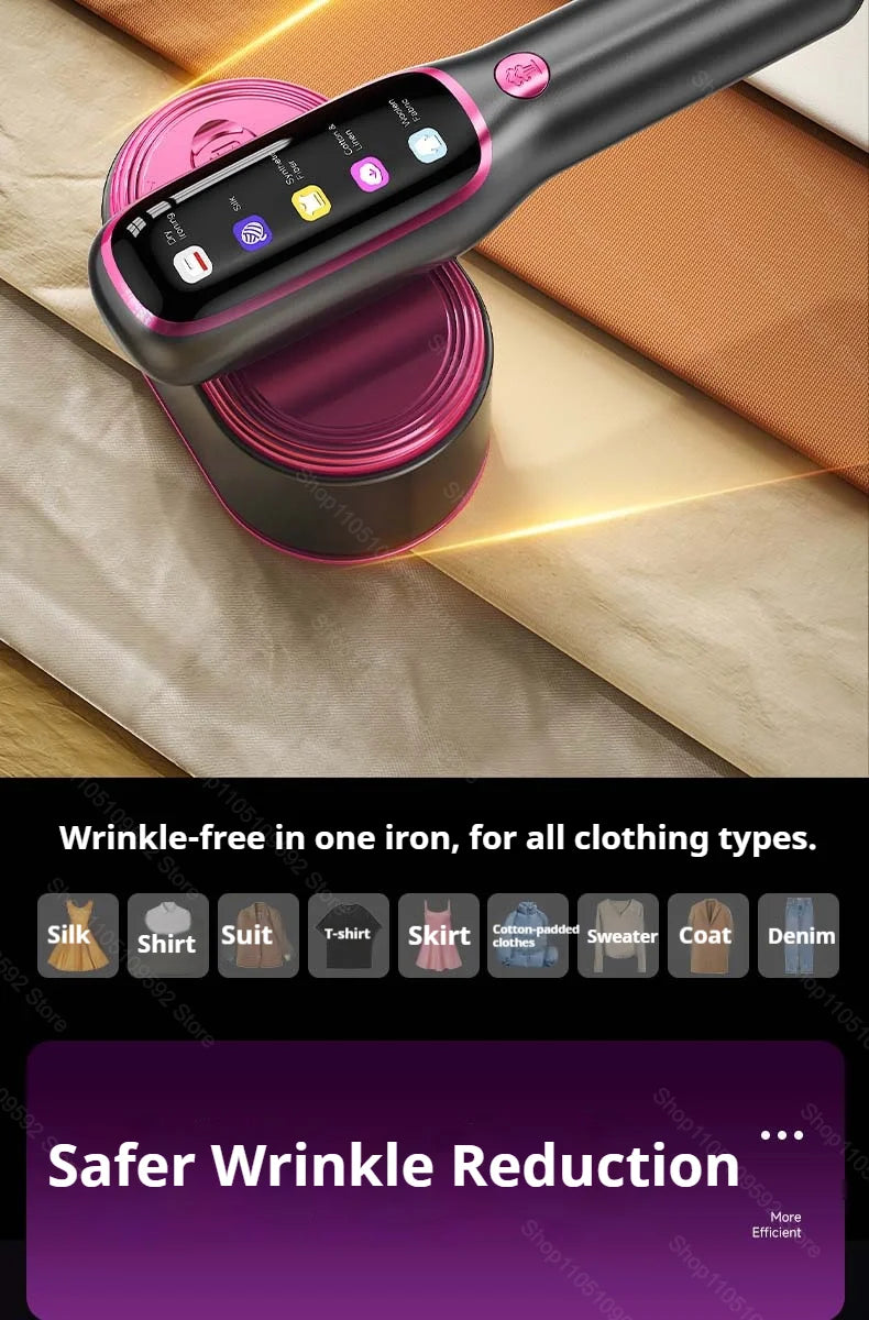 A handheld garment steamer is shown next to a tin of liquid, demonstrating wrinkle-free fabric treatment.