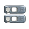 A clear plastic child safety cabinet lock with a white release mechanism.