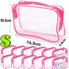Clear pink PVC travel makeup and toiletry organizer bag with a zipper shown in multiple configurations.