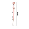 A wooden pacifier clip featuring a chain of pink crochet beads for baby teething.