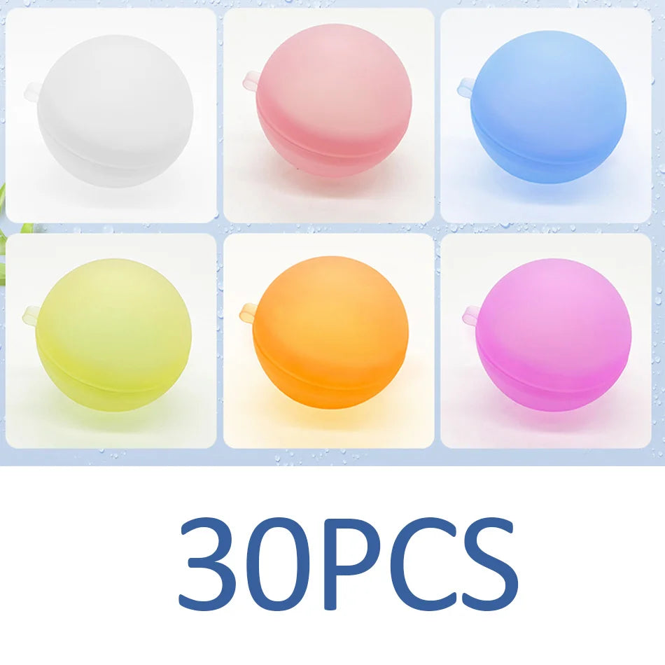 A set of 30 reusable splash water balloons in various colors including white, pink, blue, yellow, and orange.