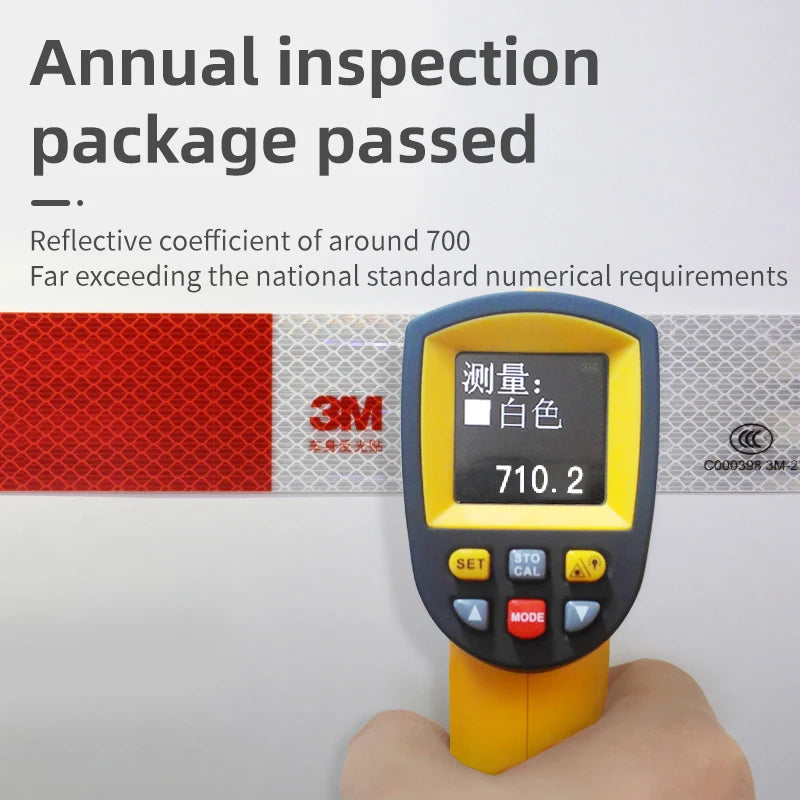 A hand holds a yellow light meter displaying a reflective coefficient of 710.2 on a white background.