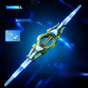 A green lightsaber with a rotating blade and a futuristic hilt is displayed against a dark blue background.