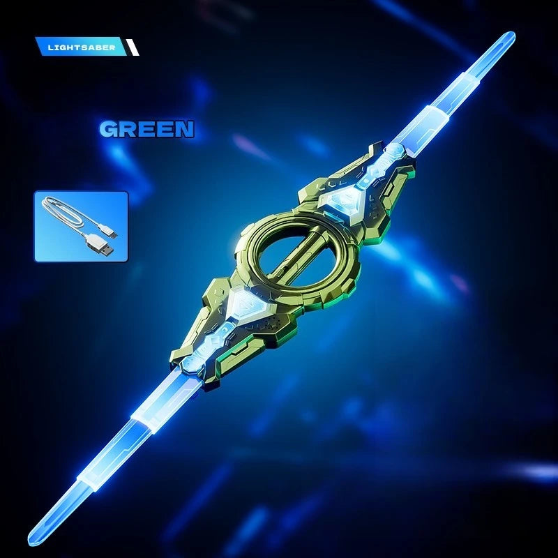 A green lightsaber with a rotating blade and a futuristic hilt is displayed against a dark blue background.