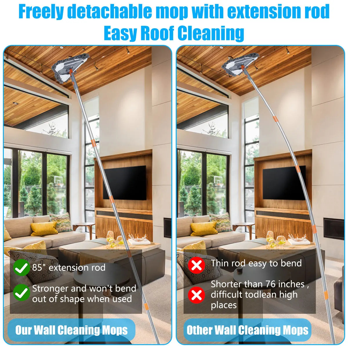 Freely detachable mop with extension rod for easy roof cleaning shown in two panels.