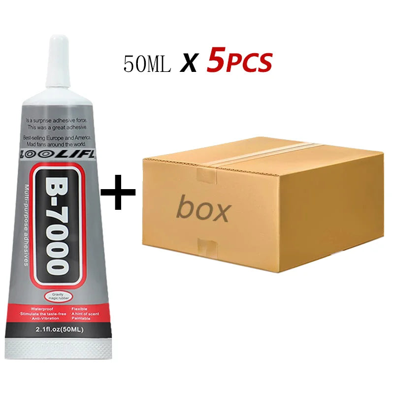 A bottle of B-7000 multipurpose adhesive glue with five 50ml bottles and a box.
