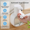 A white automatic soap dispenser with a pump is shown being used by a hand, highlighting its features.