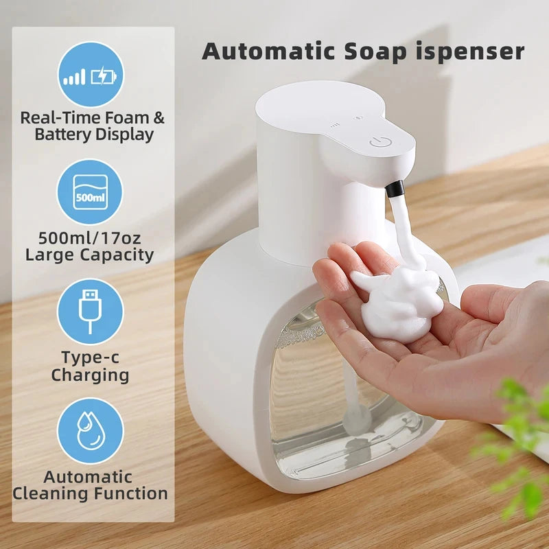 A white automatic soap dispenser with a pump is shown being used by a hand, highlighting its features.