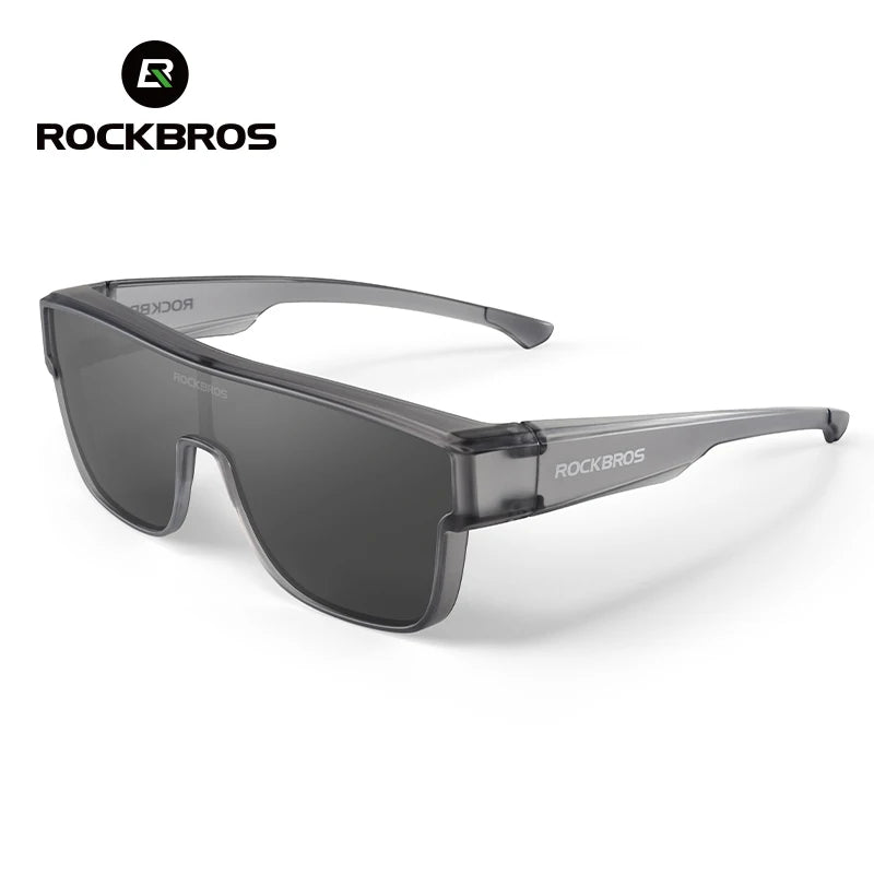 A pair of black Rockbros polarized clip-on sunglasses shown against a white background.