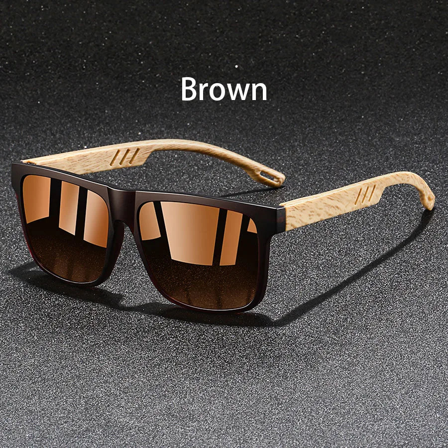 Brown vintage square sunglasses with wooden frames shown on a dark surface.