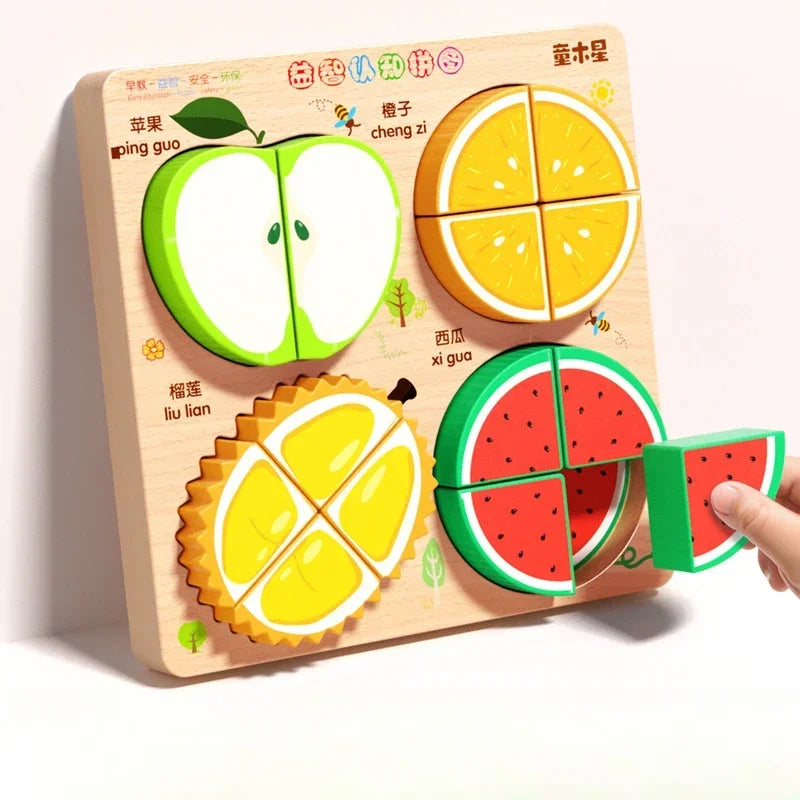 A wooden jigsaw puzzle featuring various fruits like apples and citrus slices, designed for children.