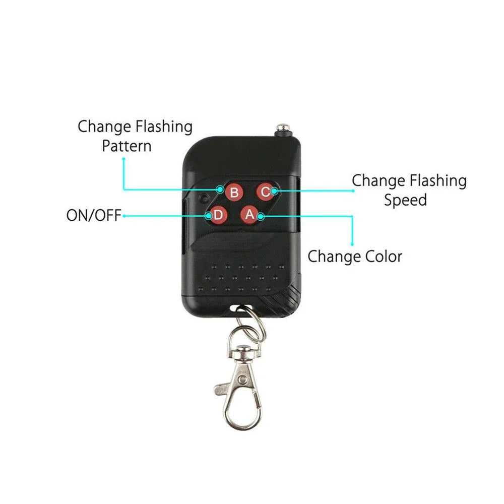 Black LED car scanner light strip with a remote control for changing flashing pattern, speed, and color.