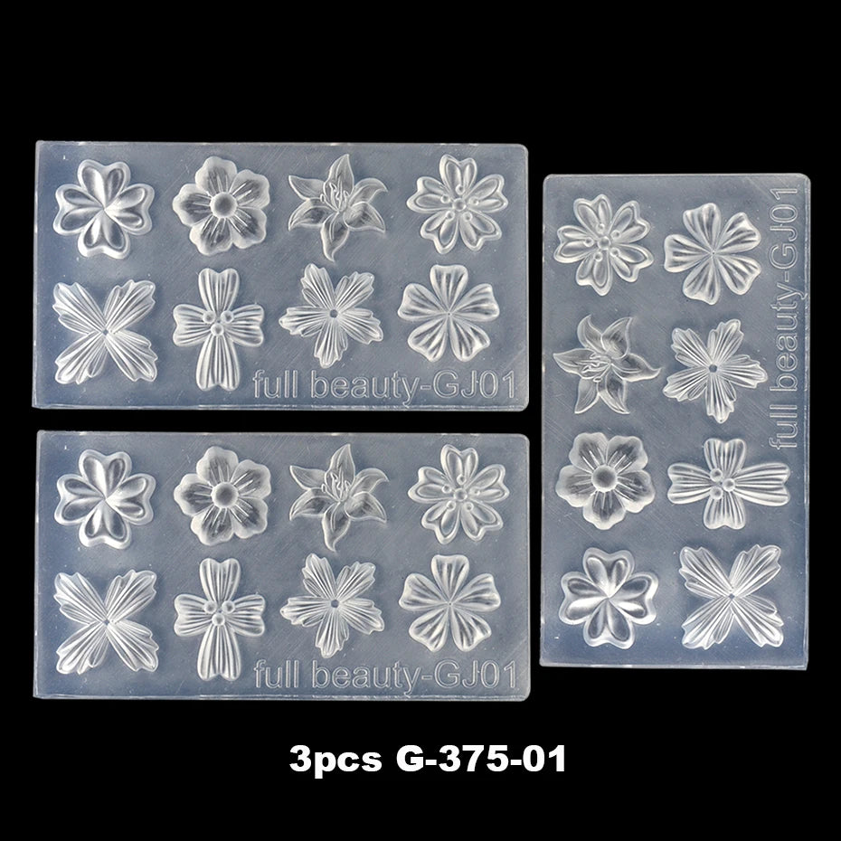Three silicone nail art molds featuring various floral petal designs for 3D stamping.