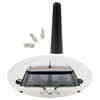 A black car radio antenna with adapter screws shown above a white car.
