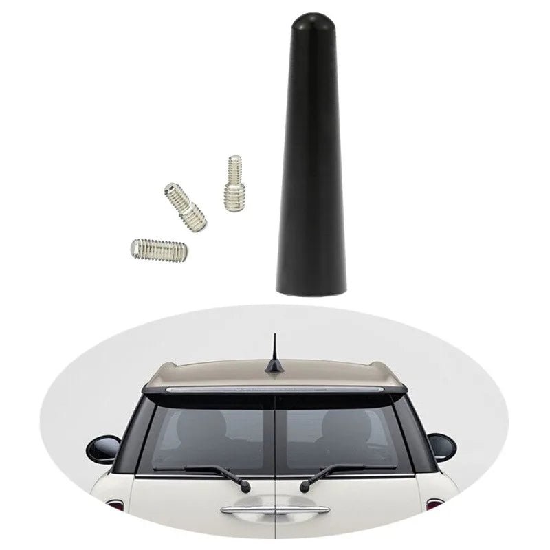 A black car radio antenna with adapter screws shown above a white car.