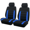 A set of black and blue two-tone car seat covers shown in a side view.