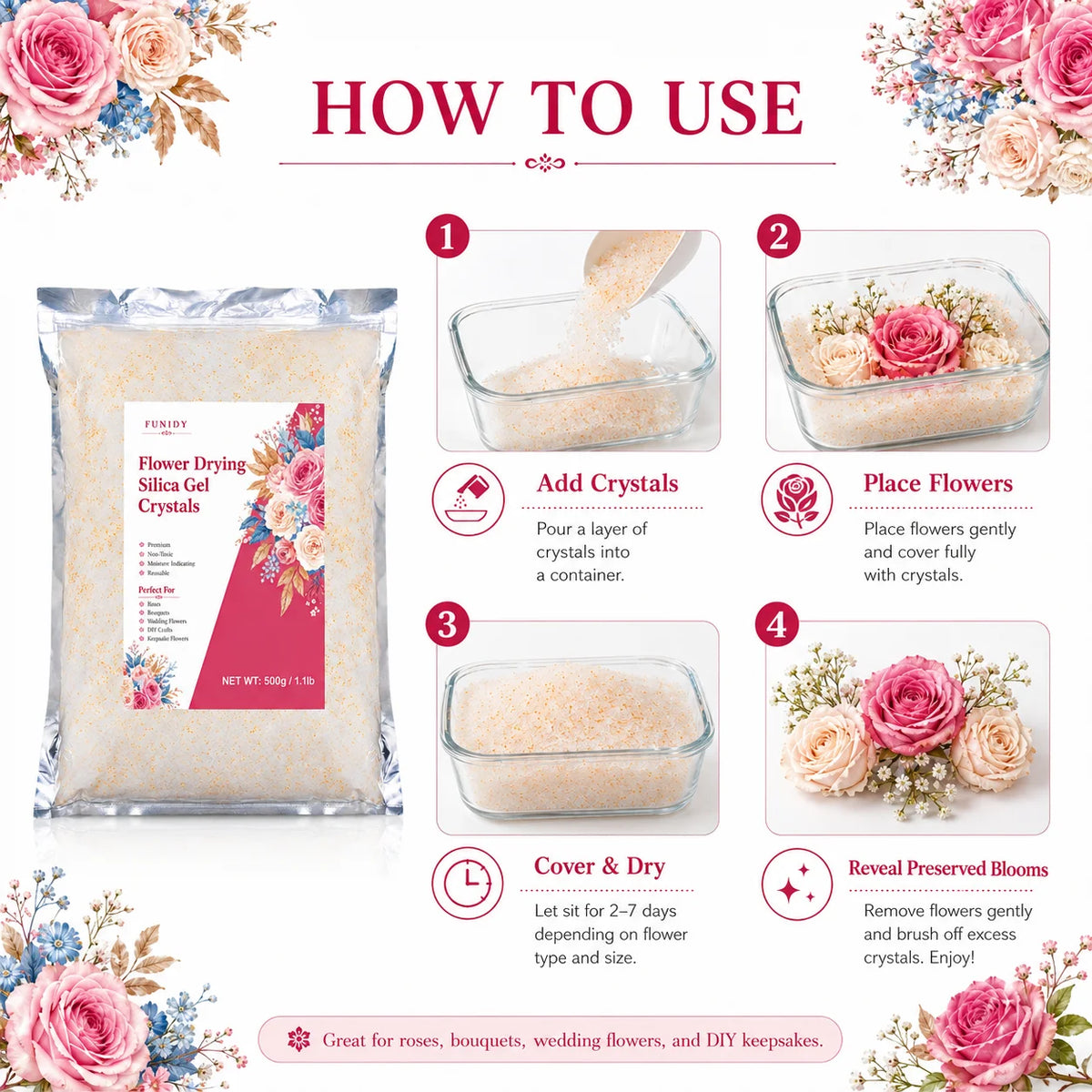 How to use instructions for Flower Drying Silica Gel Crystals including adding crystals, placing flowers, covering and drying