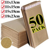 A stack of 50 kraft paper bubble mailers in various sizes, including 11x13cm, 11x15cm, 15x18cm, and 18x23cm.