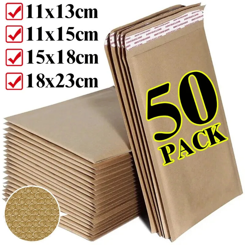 A stack of 50 kraft paper bubble mailers in various sizes, including 11x13cm, 11x15cm, 15x18cm, and 18x23cm.