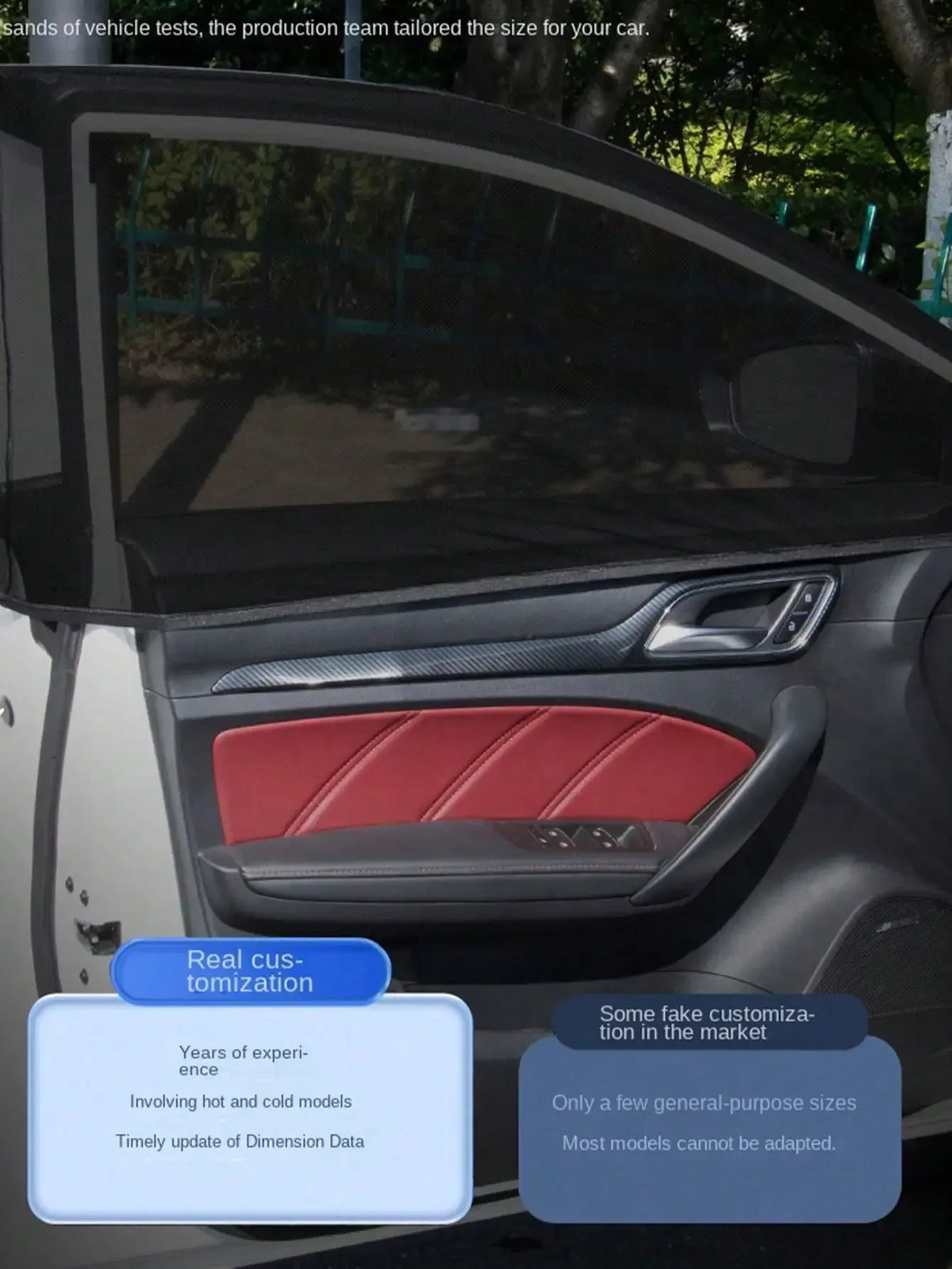 Interior view of a car showing a red leather trim and a dark tinted window.