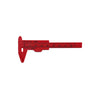 Red plastic vernier caliper tool with a scale for measuring inside, outside, depth, and step dimensions.