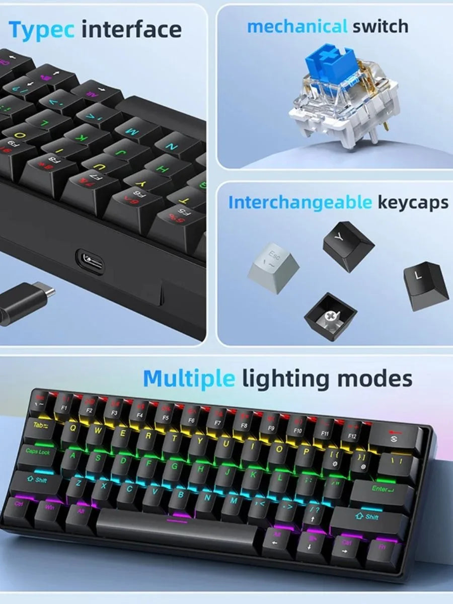 Compact 61-Key Mechanical Gaming Keyboard with RGB Backlighting