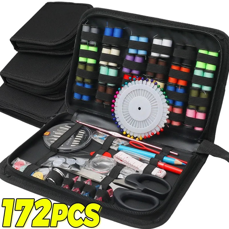 A black portable sewing kit box showing various needles, pins, and cutting tools organized in compartments.
