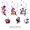 A set of six K-Pop themed birthday party decorations featuring characters and a banner