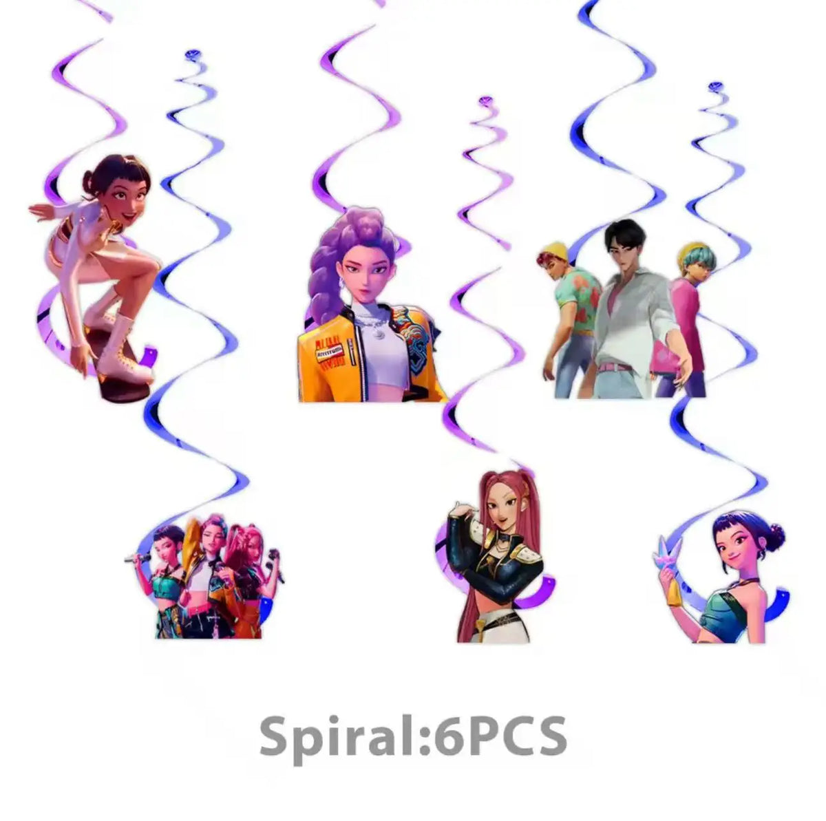 A set of six K-Pop themed birthday party decorations featuring characters and a banner
