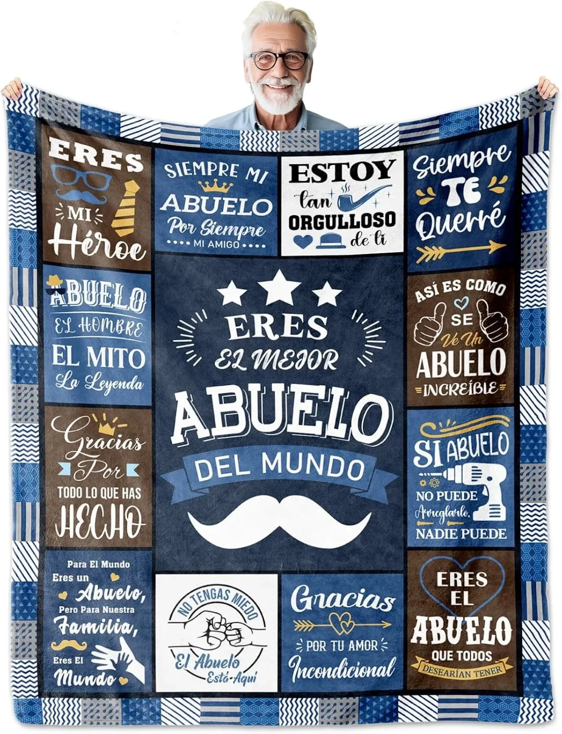 A personalized printed fleece throw blanket featuring text celebrating a grandfather and family
