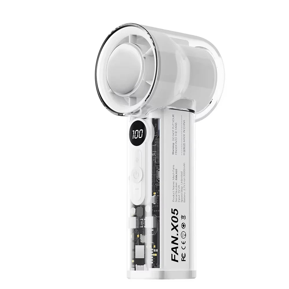 A white portable mecha-style handheld fan with a circular grille and power button.