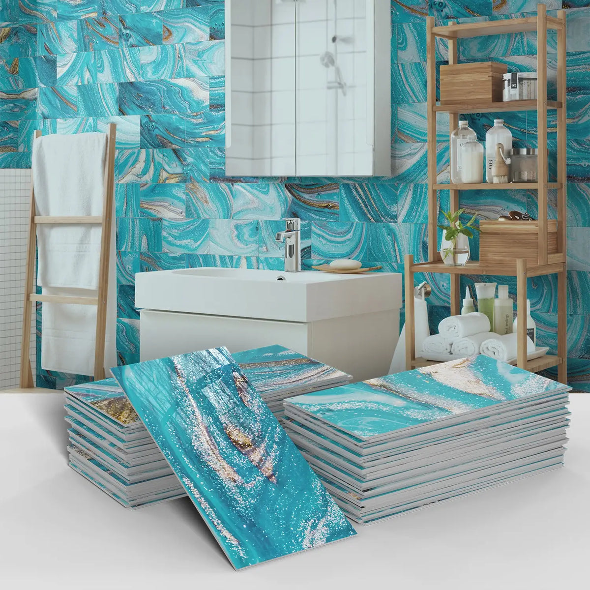 Stacks of blue and white marble self-adhesive wall stickers displayed against a teal marbled background with wooden shelving.