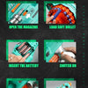 Installation steps for an electric gatling gun toy, showing how to open the magazine, insert a battery, and launch a soft bul