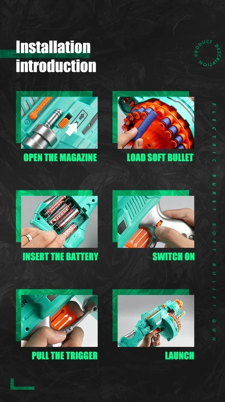 Installation steps for an electric gatling gun toy, showing how to open the magazine, insert a battery, and launch a soft bul
