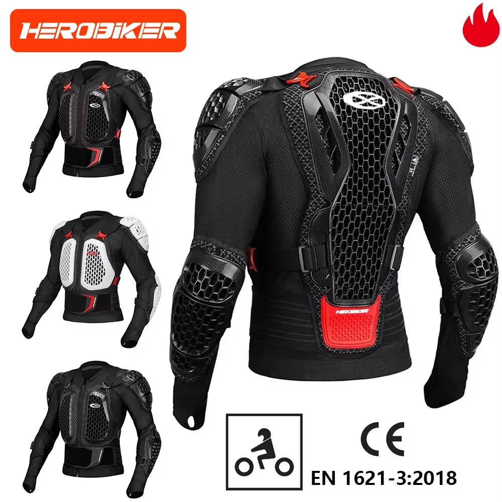 Black motocross armor jacket with chest and back protection, featuring CE certification.